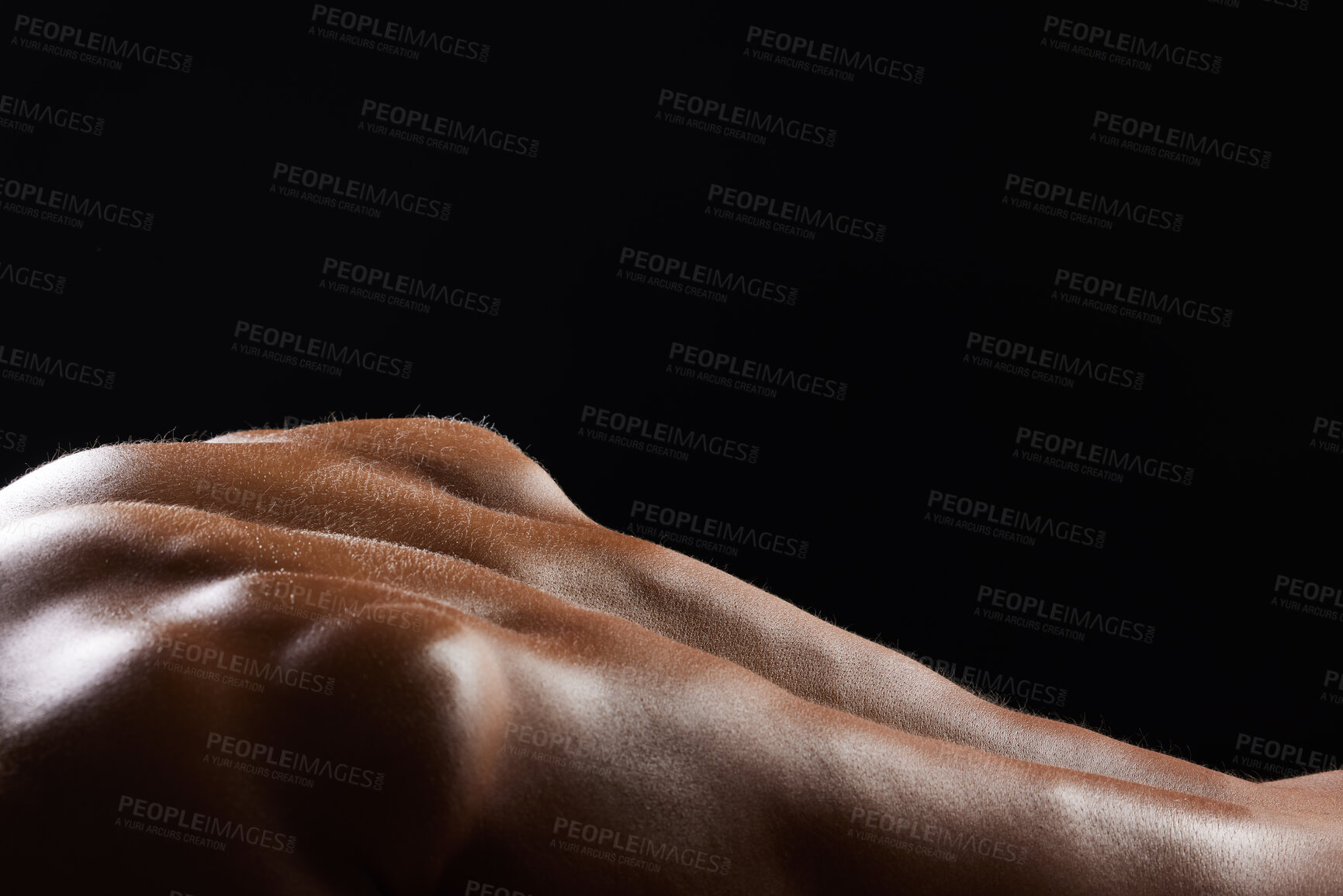 Buy stock photo Back, sweat and athlete or skin of man in workout, exercise or body builder with strong, muscle in pushup for health. Dark, background and texture or anatomy of person with fitness from training