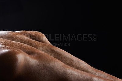 Buy stock photo Man, back and sweat on athlete skin in workout, exercise or body builder with strong, muscle in pushup in closeup. Dark, background and texture of anatomy of person with fitness or training in macro