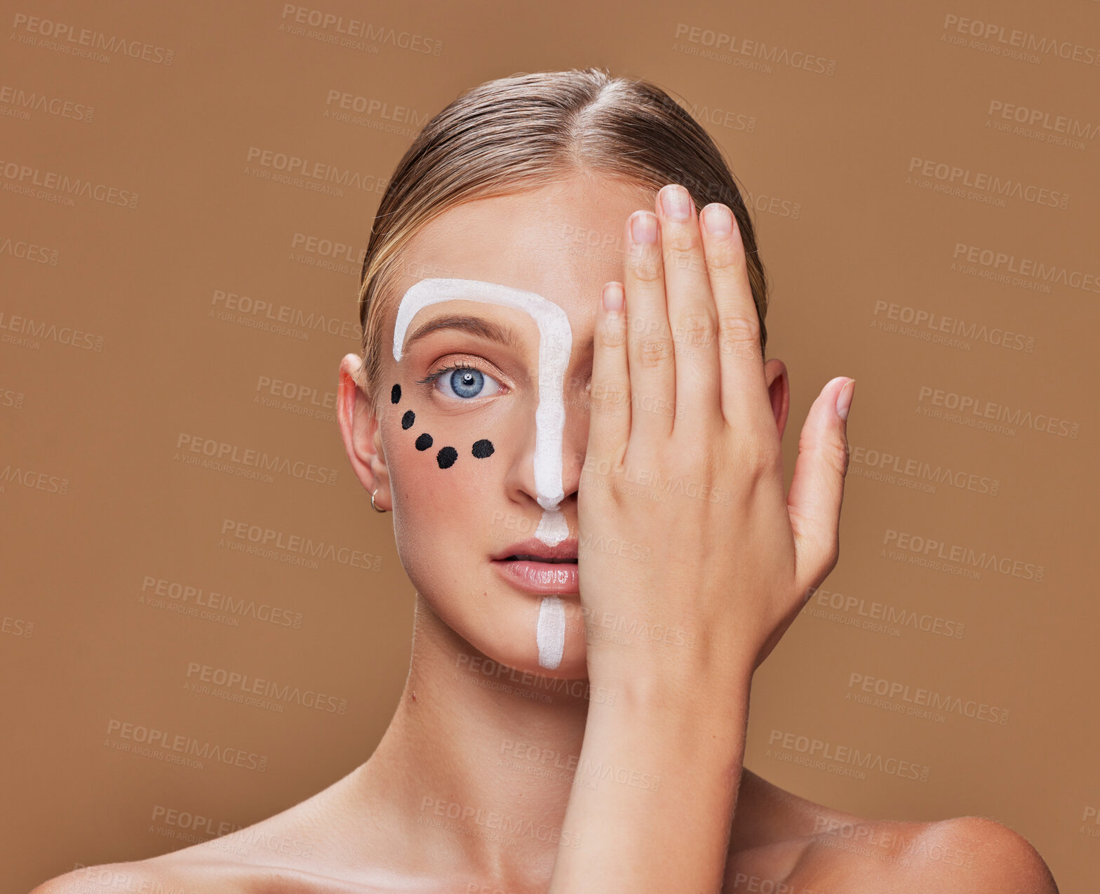 Buy stock photo Portrait, creative and woman with makeup, aesthetic or cosmetics on a brown studio background. Face, person or model with beauty, mockup space or Canada with fantasy, expression or cover eye with art
