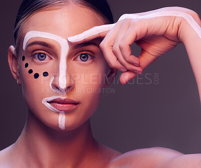 Buy stock photo Creative, makeup and woman with paint on face, beauty or artist with freedom of expression in cosmetics or fashion. Art, portrait or artistic model with creativity in skincare, style or aesthetic