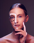 Art, makeup and portrait of woman in studio with creative, beauty and abstract face aesthetic. Cosmetic, artistic and headshot of young female model from Canada with facial paint by black background.