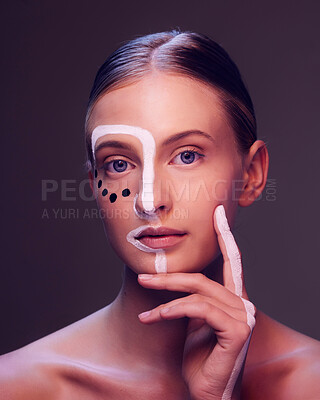 Buy stock photo Art, makeup and portrait of woman in studio with creative, beauty and abstract face aesthetic. Cosmetic, artistic and headshot of young female model from Canada with facial paint by black background.