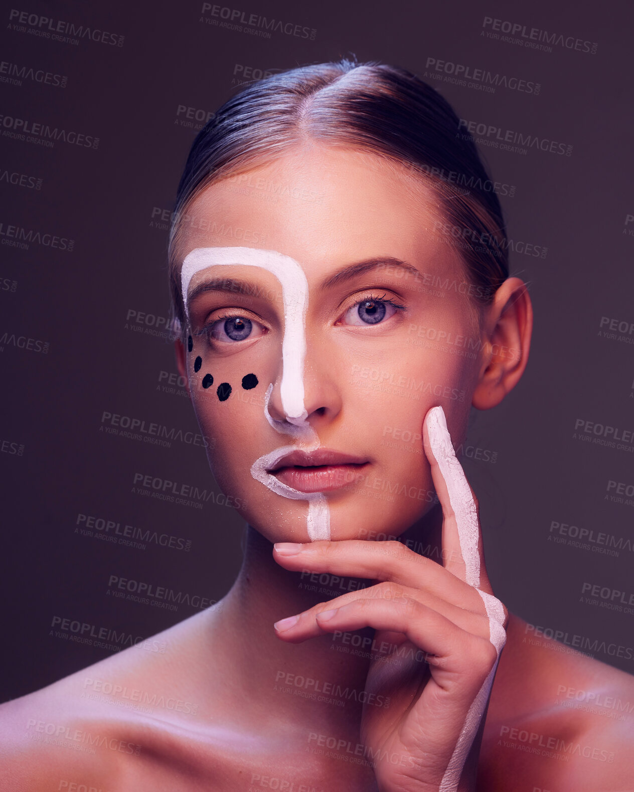Buy stock photo Art, makeup and portrait of woman in studio with creative, beauty and abstract face aesthetic. Cosmetic, artistic and headshot of young female model from Canada with facial paint by black background.