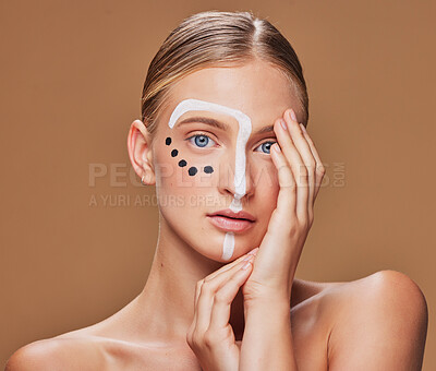 Buy stock photo Creative, cosmetic and portrait of woman in studio with art, beauty and abstract face aesthetic. Makeup, artistic and headshot of young female model from Canada with facial paint by brown background.