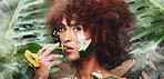 Skincare portrait, flowers and nature woman with eco product, facial makeup and natural cosmetics, beauty or self care. Face design, dermatology and non binary person with creative floral aesthetic