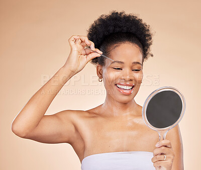 Buy stock photo Woman, tweezers and mirror for eyebrow in studio, beauty or thinking for results, reflection or idea by background. African girl, model and smile for facial hair removal, inspection or transformation
