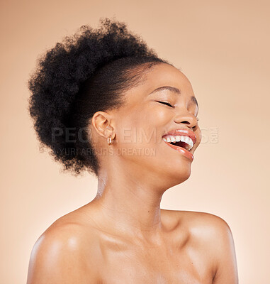 Buy stock photo Skincare, beauty of black woman and eyes closed in studio isolated on a brown background. Excited, natural cosmetics and funny African model in facial treatment for aesthetic, wellness and laughing