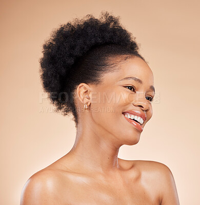 Buy stock photo Thinking, skincare and beauty of black woman, happy and isolated on a brown background in studio. Smile, natural cosmetics and African model in spa facial treatment for aesthetic, wellness and health