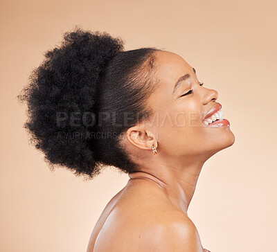 Buy stock photo Profile, skincare and beauty of black woman, happy and isolated on a brown background in studio. Smile, natural cosmetics and African model in spa facial treatment for aesthetic, wellness and health