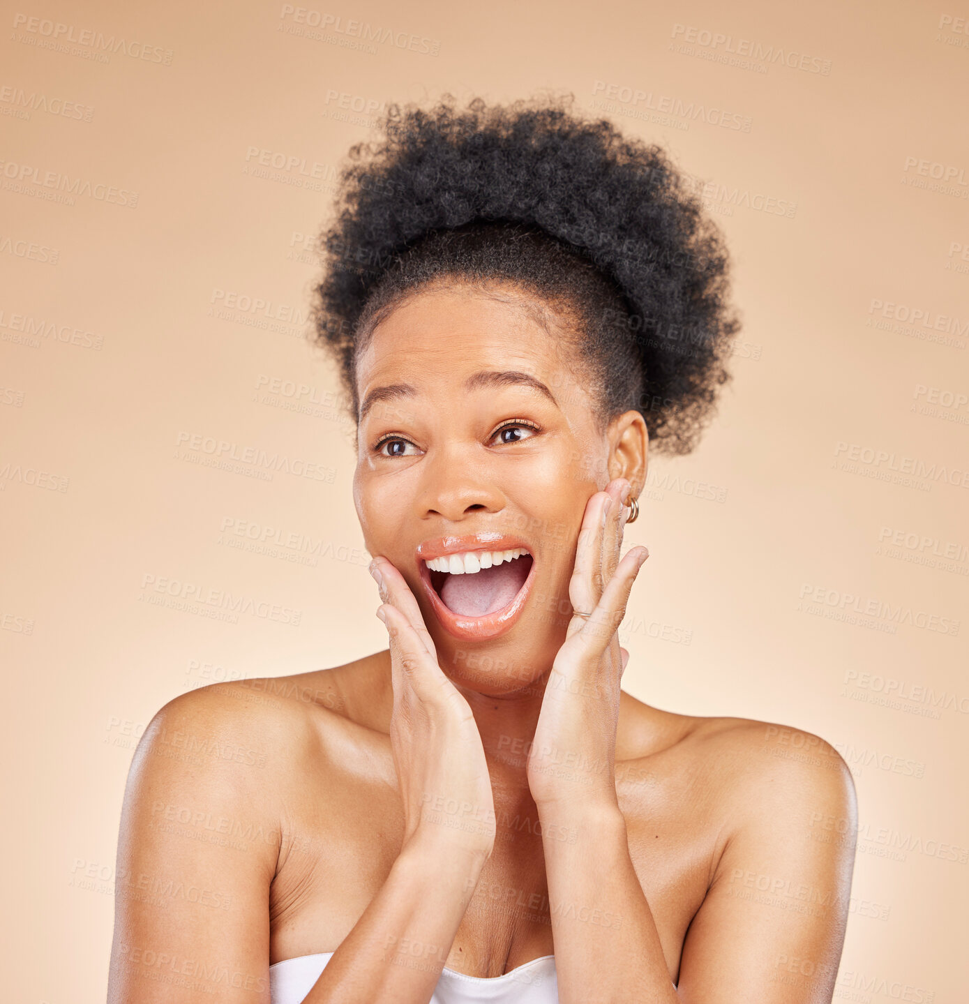 Buy stock photo Woman, skincare and wow in studio, beauty or thinking for results, natural glow or idea by background. African girl, model and happy with surprise, shock or transformation for face, aesthetic or skin