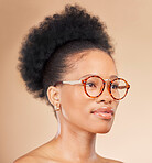 Thinking, beauty and black woman in studio with glasses, idea or pose for natural cosmetics on brown background. Face, skincare and African lady model with idea for body care, wellness or treatment