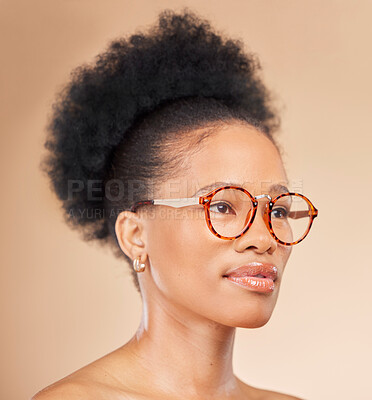 Buy stock photo Thinking, beauty and black woman in studio with glasses, idea or pose for natural cosmetics on brown background. Face, skincare and African lady model with idea for body care, wellness or treatment