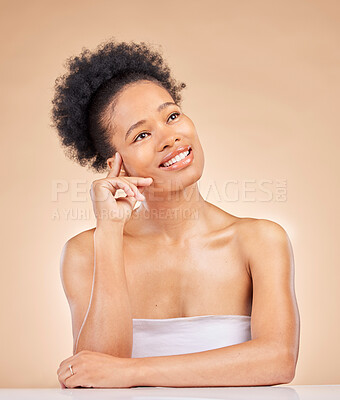 Buy stock photo Skincare, beauty and young black woman in a studio with cosmetic, glow and natural face routine. Happy, smile and African female model with facial dermatology treatment isolated by a brown background