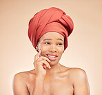 Beauty, thinking and black woman in studio with hair scarf, idea or smile for natural cosmetics on brown background. Happy, skincare and African lady model with head wrap, wellness or glow treatment