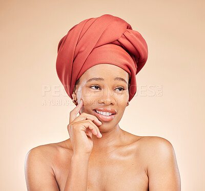 Buy stock photo Beauty, thinking and black woman in studio with hair scarf, idea or smile for natural cosmetics on brown background. Happy, skincare and African lady model with head wrap, wellness or glow treatment