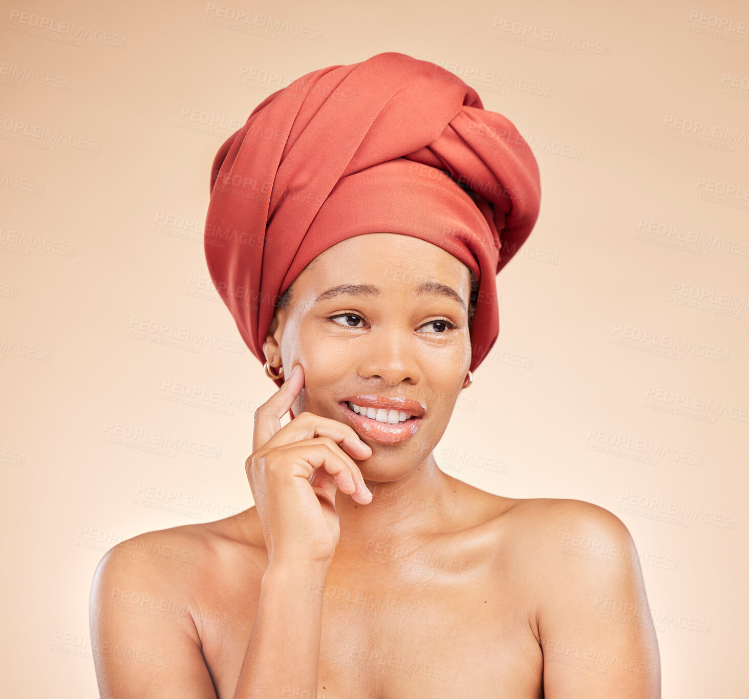 Buy stock photo Beauty, thinking and black woman in studio with hair scarf, idea or smile for natural cosmetics on brown background. Happy, skincare and African lady model with head wrap, wellness or glow treatment