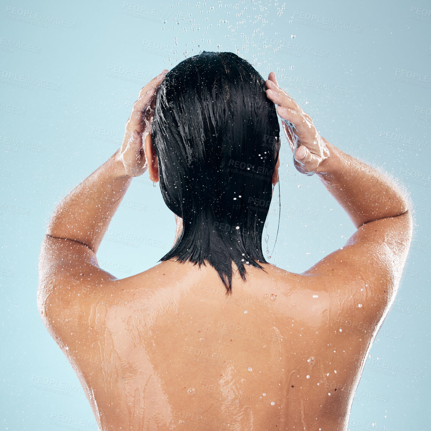 Buy stock photo Shower, studio and woman washing back, hair or body for wellness on mock up space on blue background. Fresh, water or wet person cleaning and grooming for healthy natural hygiene or skincare to relax