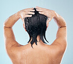 Hair care, shower and back of woman cleaning in studio isolated on a blue background. Water splash, hygiene and model washing, bathing and cosmetics for wellness, beauty and body health in bathroom