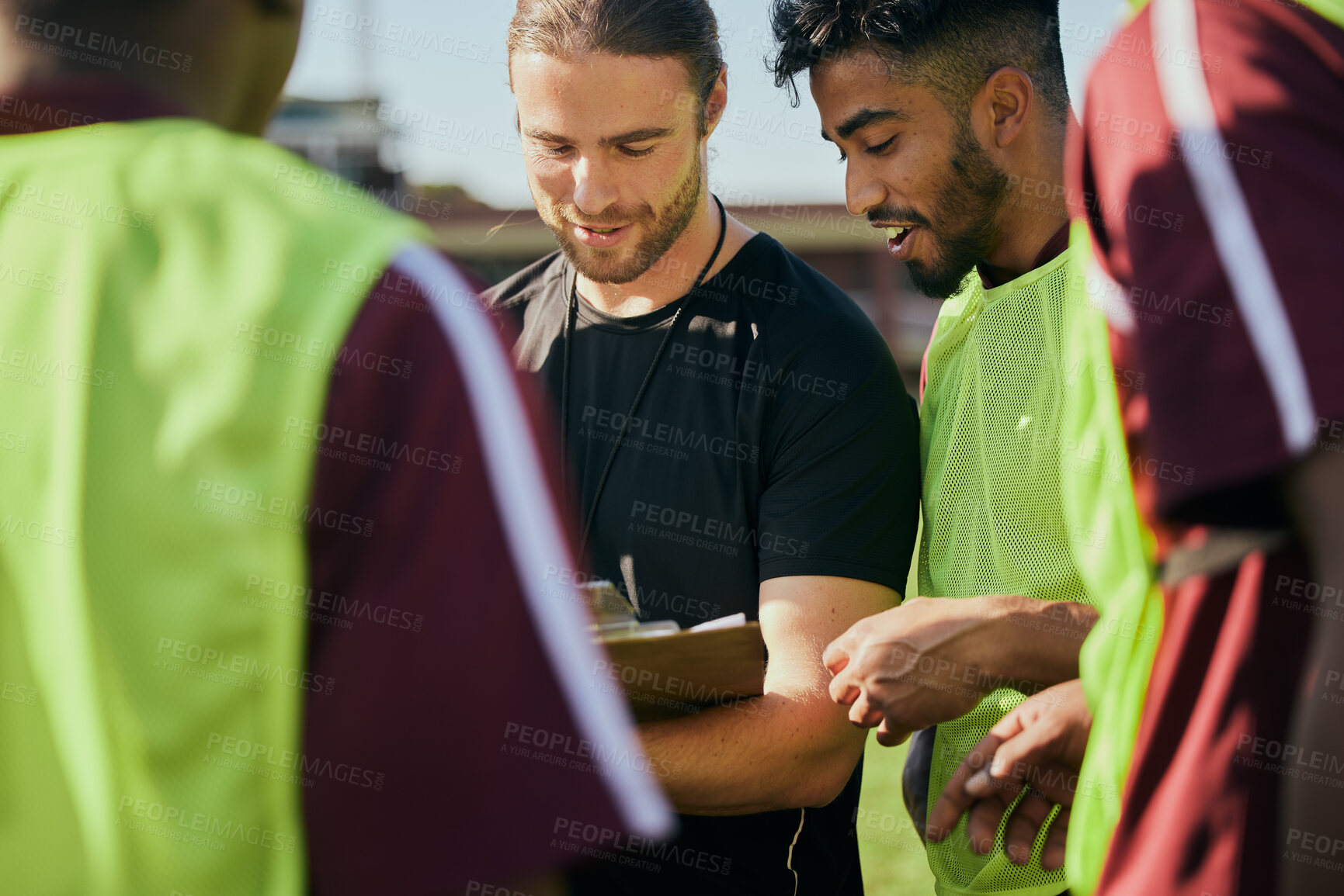 Buy stock photo Sports strategy, talking and men in rugby for teamwork, fitness planning or training schedule. Together, field and group of healthy athlete people with a coach for conversation on game or mission