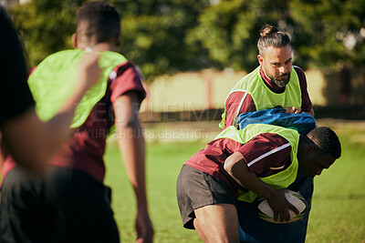 Buy stock photo Sports, team and men in field for rugby training, workout and exercise on grass field for competition. Fitness, collaboration and athletes with ball tackle for practice, match and game for challenge