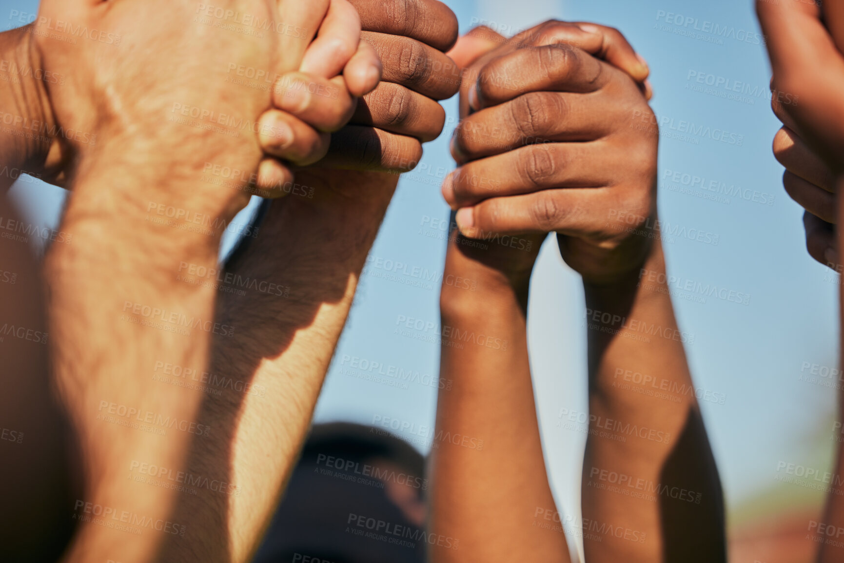 Buy stock photo Closeup, teamwork and people holding hands, community and support with cooperation. Diversity, group and friends with activity, strong together and empowerment with union, human and collaboration