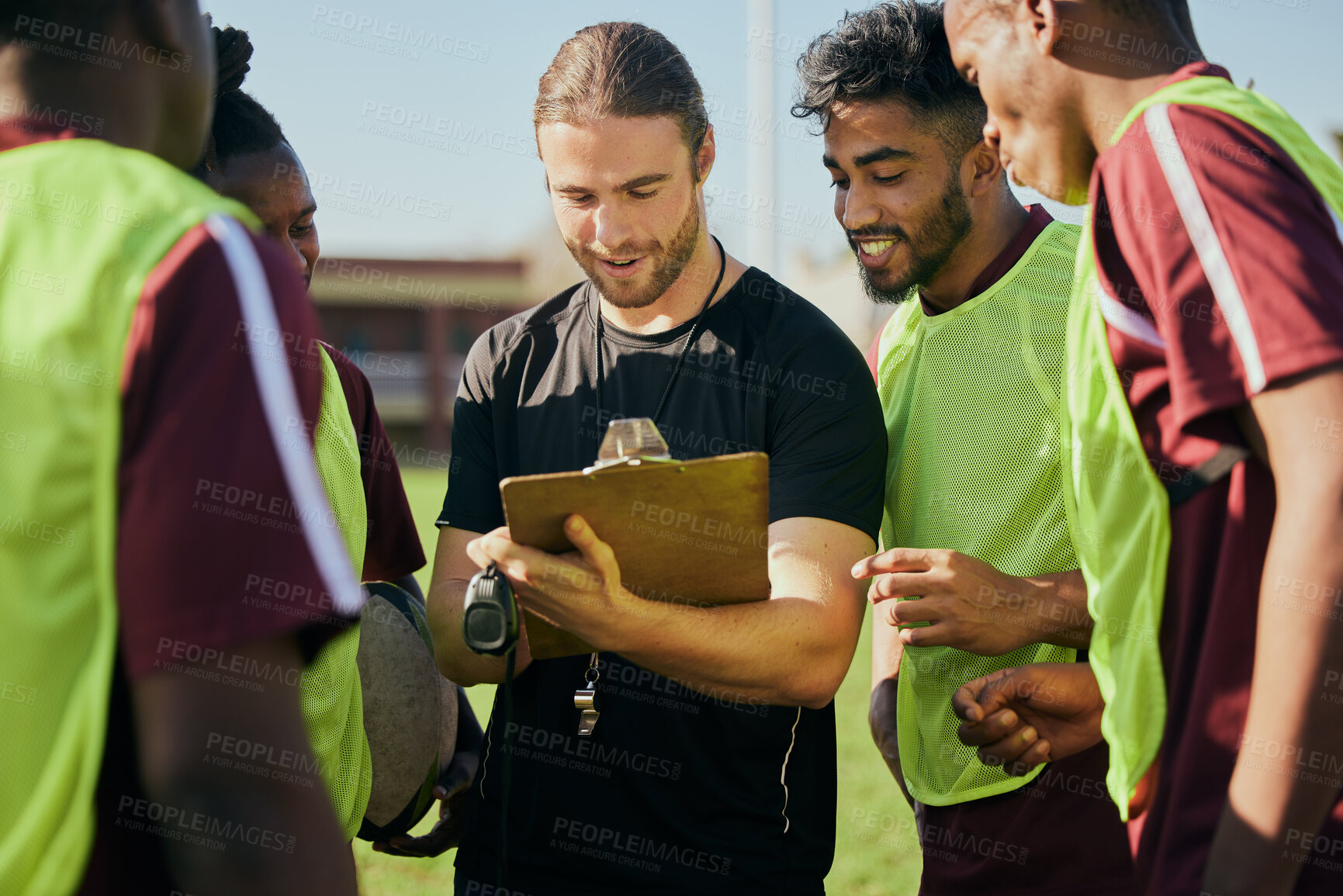 Buy stock photo Sports strategy, talking and men in rugby for teamwork, fitness planning or training schedule. Together, field and diversity with group of athlete people with a coach for conversation about a game