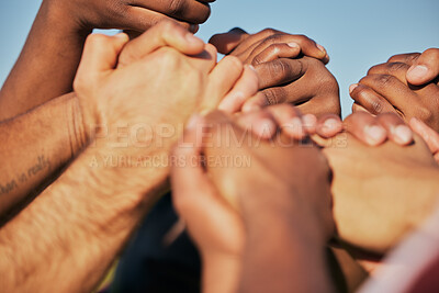 Buy stock photo Closeup, teamwork and people holding hands, cooperation and support with empowerment. Diversity, group and friends with activity, strong together and motivation with union, human and collaboration