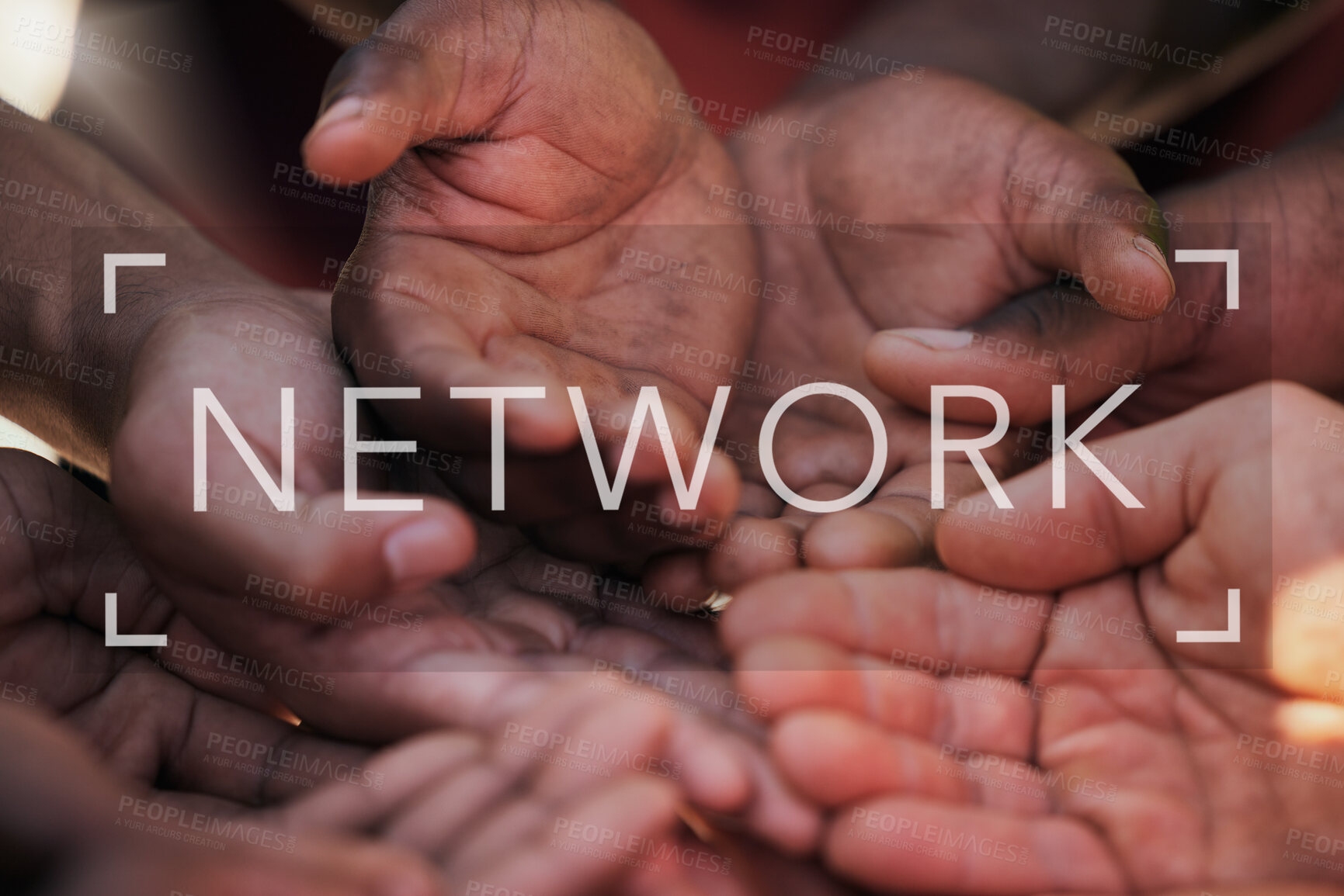 Buy stock photo Hands together, closeup and people for connection or community with graphic for teamwork. Business, collaboration and friends or group with huddle for support, goal or a word overlay for social media