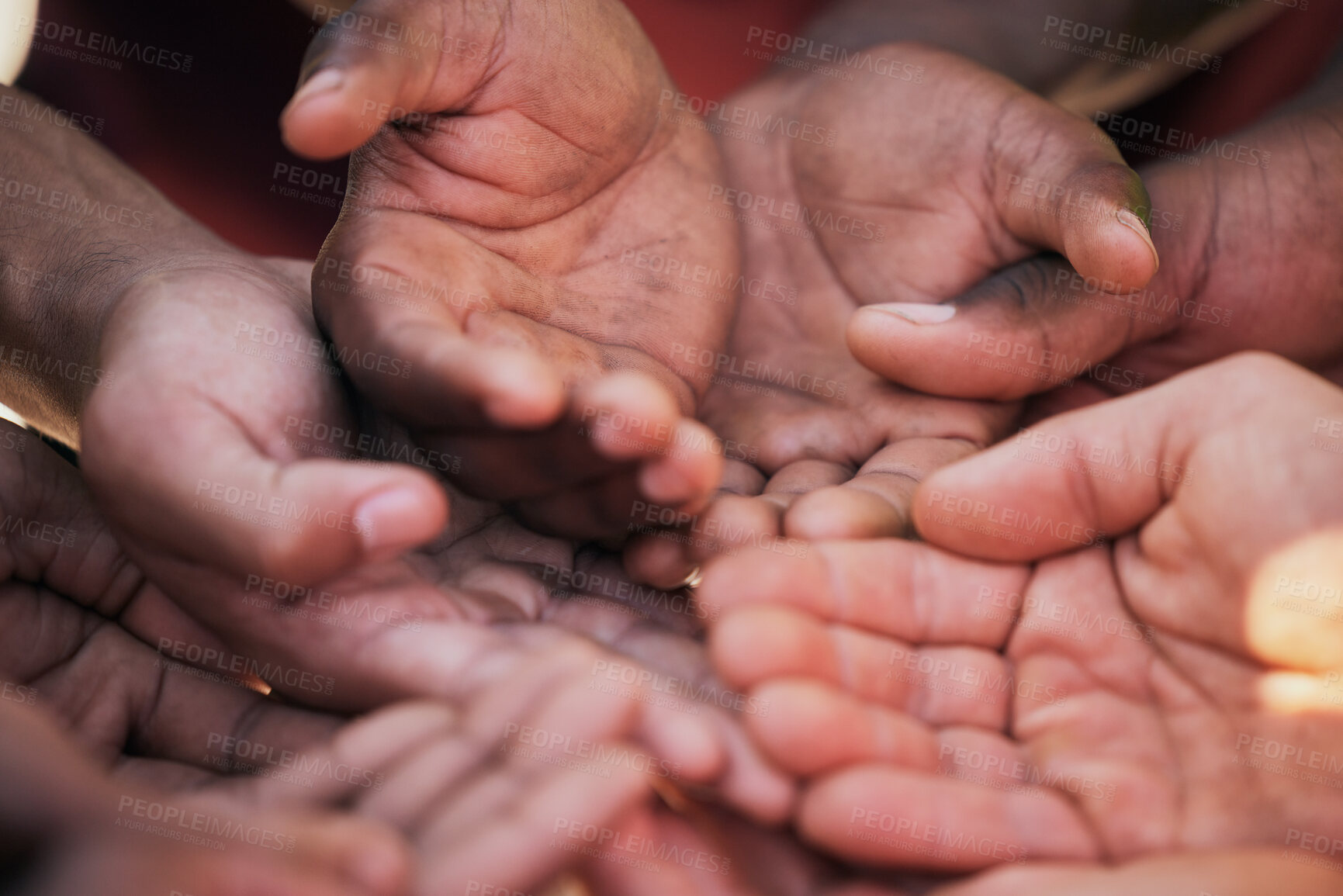 Buy stock photo Hands, palm and diversity of people in circle for charity, ngo and support in poor community together from above. Helping hand, donation and empathy for children in poverty, society and crowdfunding