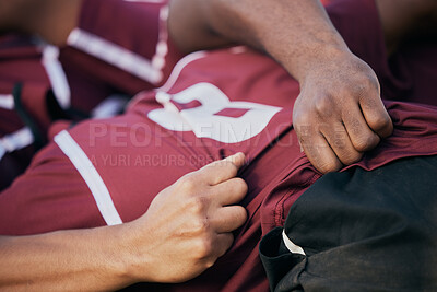 Buy stock photo Rugby, teamwork and scrum with people on field for challenge, hands and sports match. Fitness, performance and goal with closeup of group of athletes in stadium for game and training together