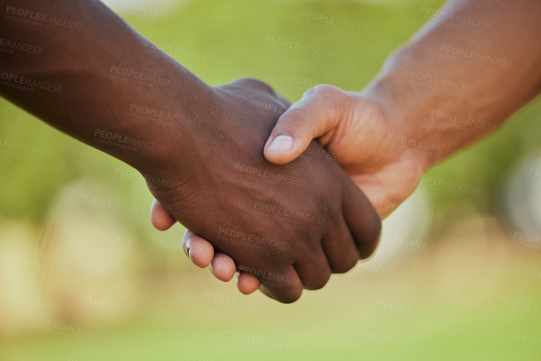 Buy stock photo People, diversity and handshake in meeting, partnership or deal for agreement in outdoor nature. Closeup of sports team shaking hands in thank you, introduction or greeting together in support