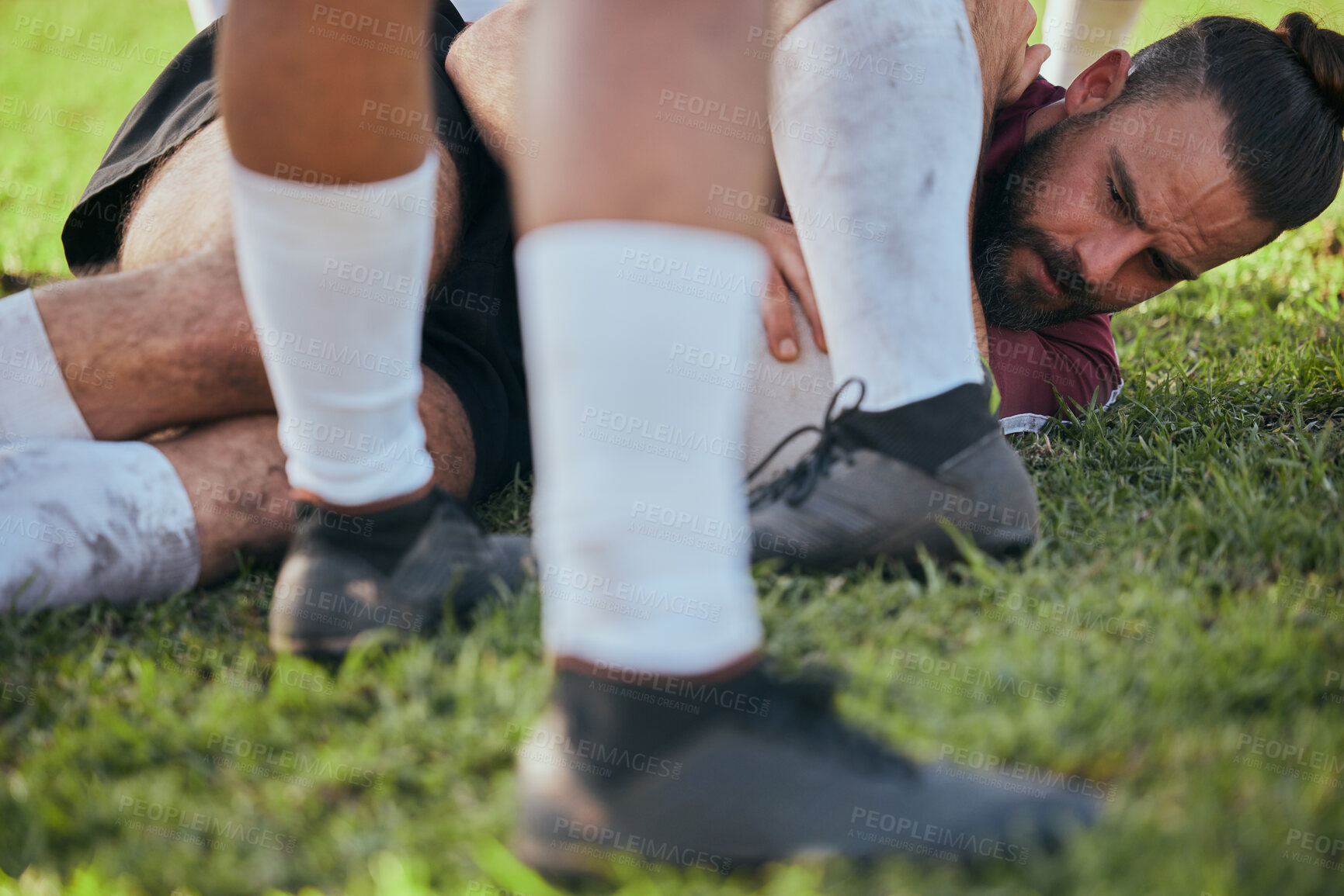 Buy stock photo Rugby tackle or man on field for game practice or training match for team fitness or group workout. Action, challenge or strong sports athletes on outdoor grass pitch to play in a competition event 