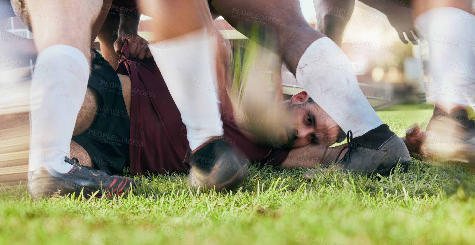 Buy stock photo Sports field, ground or man in rugby scrum action, outdoor competition on tournament match, challenge or practice. Motion blue, fitness workout or player training, fitness and exercise on grass pitch