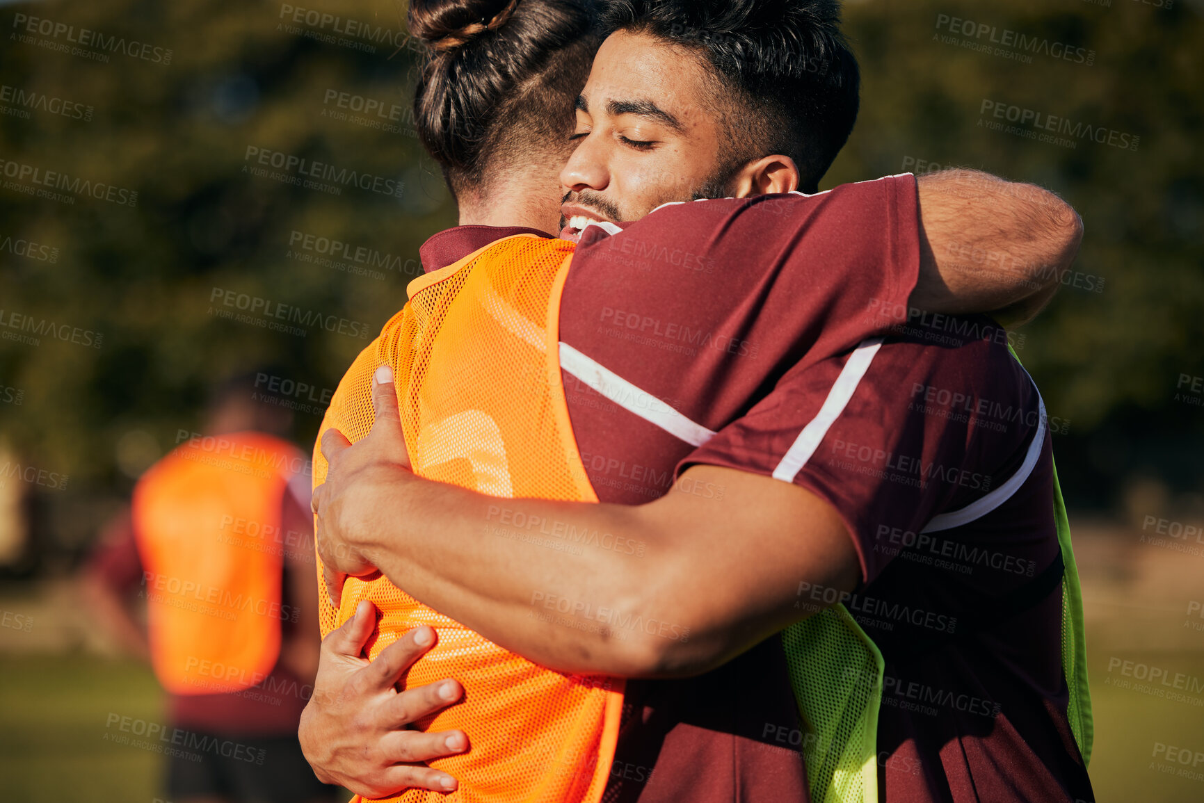 Buy stock photo Hug, soccer and men with fitness, support and celebration with teamwork, cooperation and training. People, healthy players or friends on a field, sports or embrace with exercise, winning or gratitude