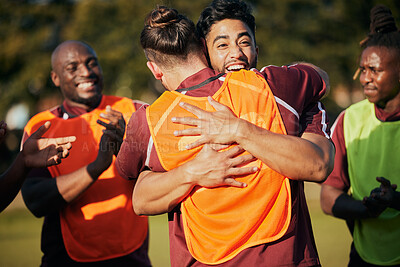 Buy stock photo Hug, sports and rugby team celebrate teamwork, achievement or winning game, match or tournament competition. Embrace, group winner celebration and men happy, excited or applause for challenge success