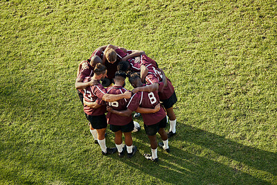 Buy stock photo Top view, soccer and teamwork with huddle, exercise and fitness with support, wellness and motivation. Group, players or friends with exercise, health or commitment with collaboration and competition