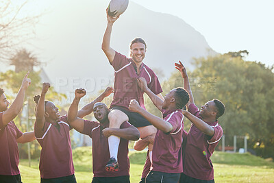 Buy stock photo Portrait, sports and rugby team celebration, cooperation and  teamwork victory, challenge goals or practice match try. Success motivation, champion winner or group energy, happiness or excited cheers