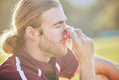 Buy stock photo Nose bleed, man closeup and sports injury closeup on field with emergency, health accident and blood outdoor. Swollen, broken and male athlete with medical and pain or bruise after game and exercise