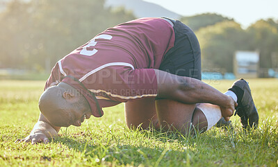 Buy stock photo Injury, leg pain and black man, sports athlete or rugby player with joint fatigue from accident, training workout or exercise. Game, body burnout and African person sore, hurt and broken bone risk