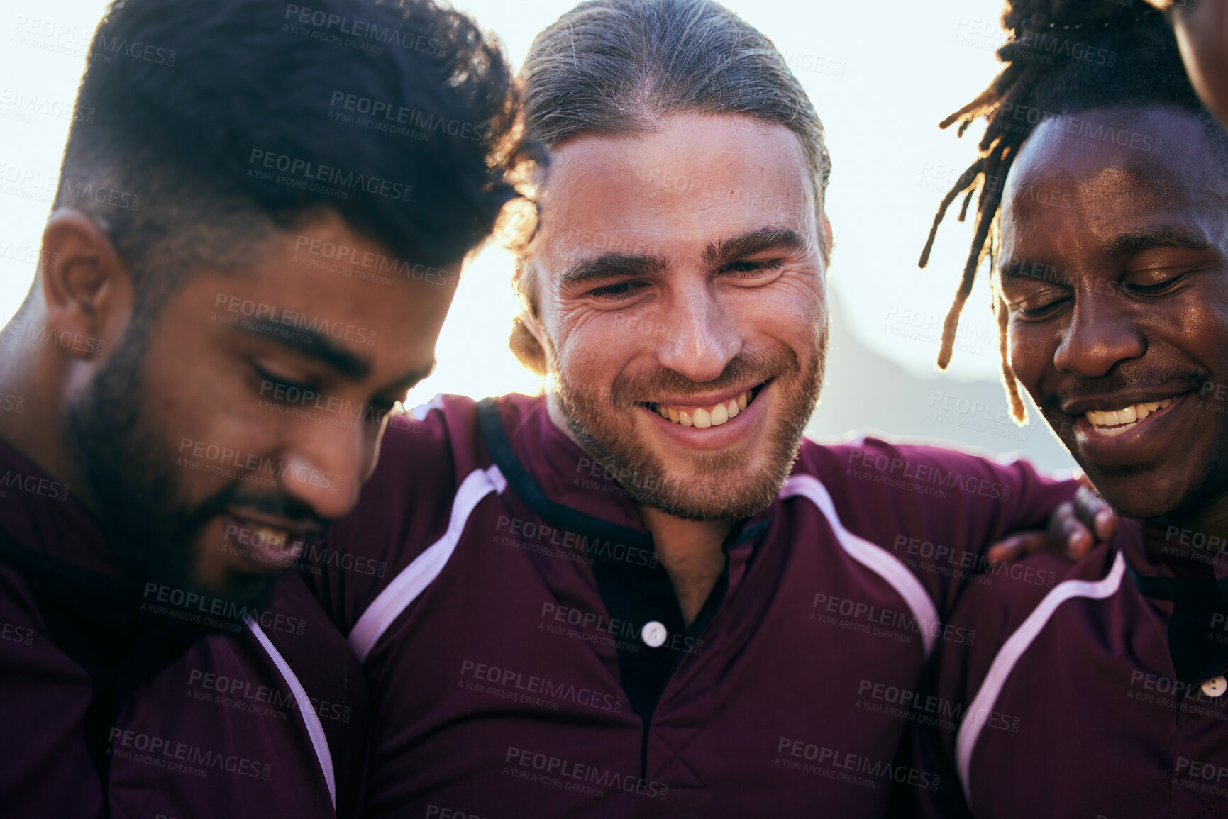 Buy stock photo Friends, sports and teamwork with people and hug for health, challenge and competition. Support, community and rugby match with group of men training in stadium for fitness, happy and games together
