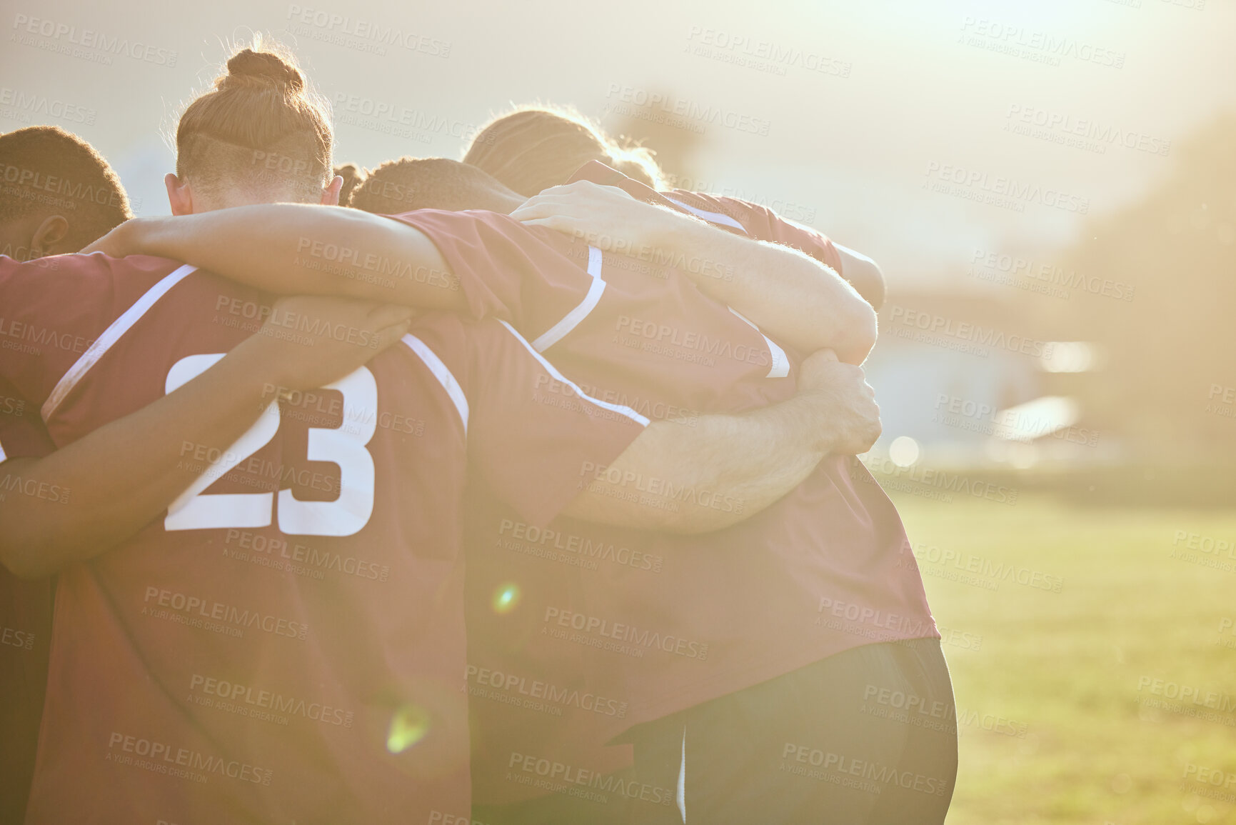 Buy stock photo People, rugby and huddle in team sports, motivation or getting ready for match or game on outdoor field. Active men in circle or group hug in teamwork, collaboration or trust in scrum for fitness