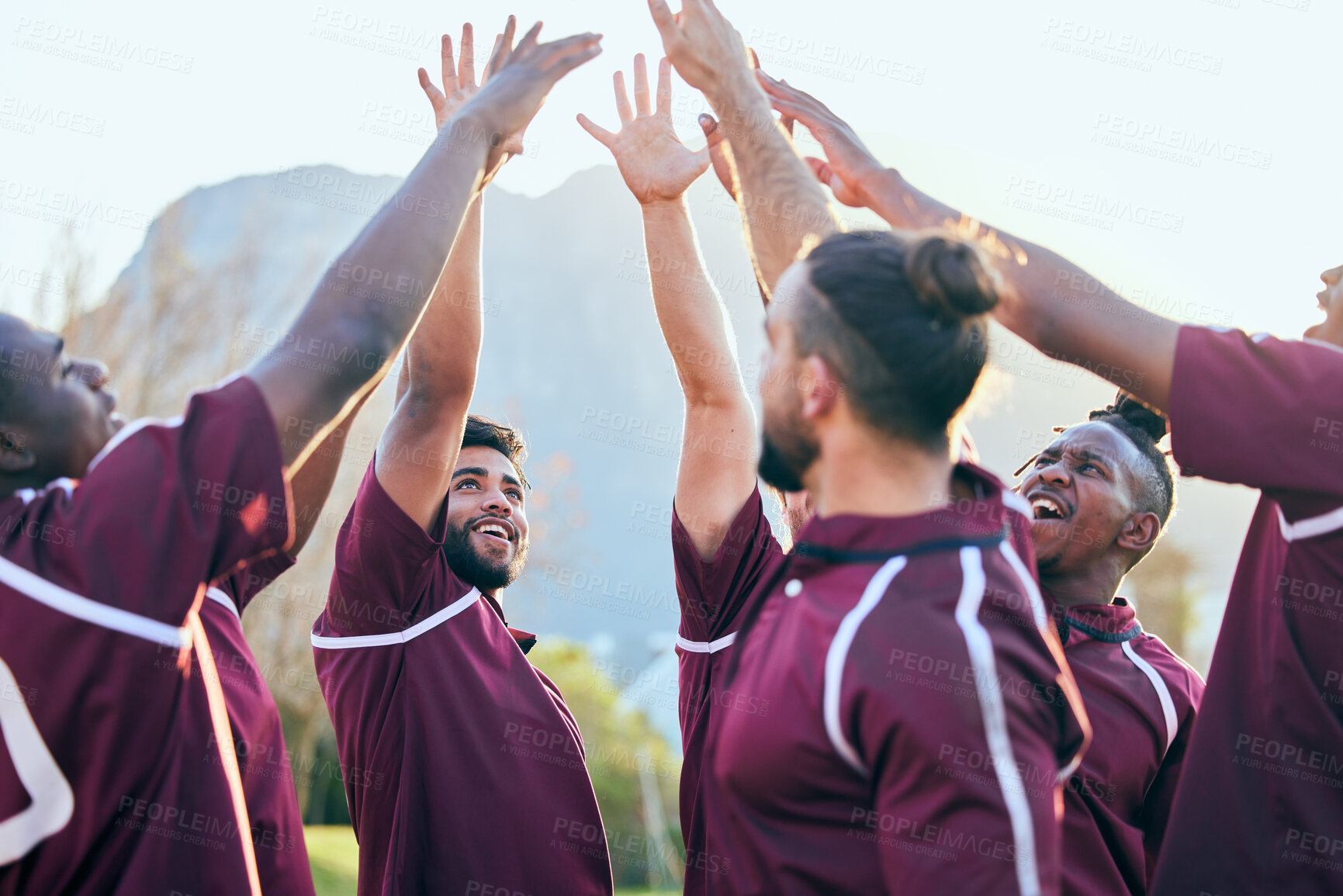 Buy stock photo Raised hands, sports and excited people, rugby team building and solidarity support, teamwork or cooperation. Motivation, group celebration cheers and excited player smile for athlete challenge