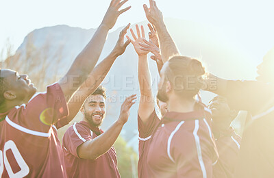 Buy stock photo Raised hands, sports team celebration and excited rugby group solidarity, fitness support and celebrate game victory. Winner motivation, achievement and player smile together for competition teamwork