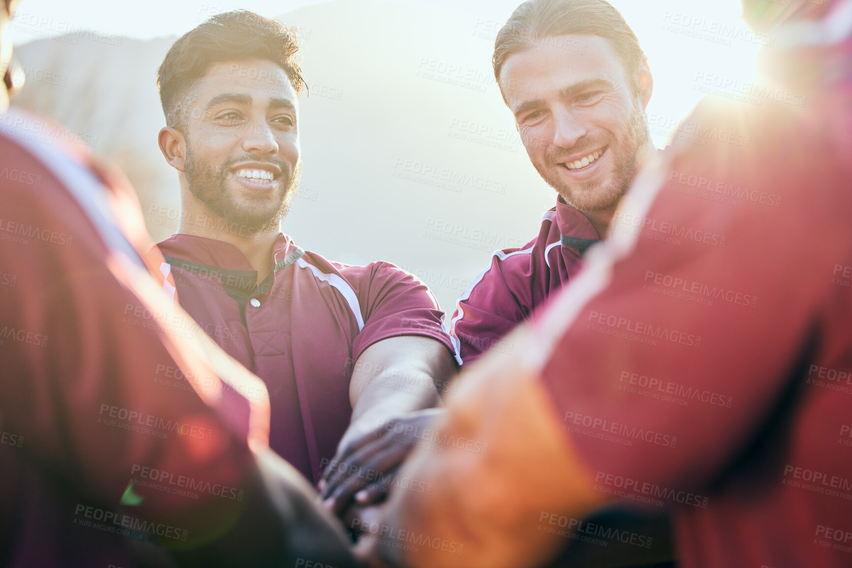 Buy stock photo Hands together, sports and happy people huddle, rugby team building and solidarity support, teamwork or cooperation. Mission goals, group celebration and excited player smile for athlete challenge