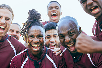 Buy stock photo Rugby, sports team portrait and excited scream for teamwork, athlete community support or winning game. Crazy group energy, winner motivation and face of happy people shout for champion success win