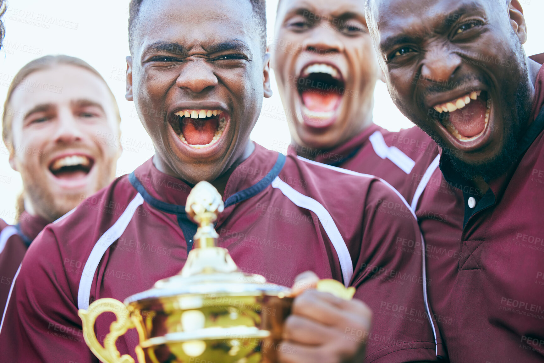 Buy stock photo Rugby trophy, sports team portrait and excited scream for teamwork, achievement or winning game, match or competition. Prize winner, group motivation and face of happy people shout for award success