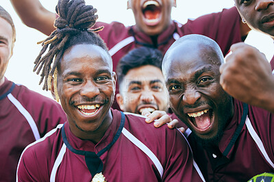 Buy stock photo Rugby, sports team portrait and excited group celebrate, shout and cheers for teamwork, athlete solidarity or winning competition. Energy, winner motivation or face of black men happy for success win