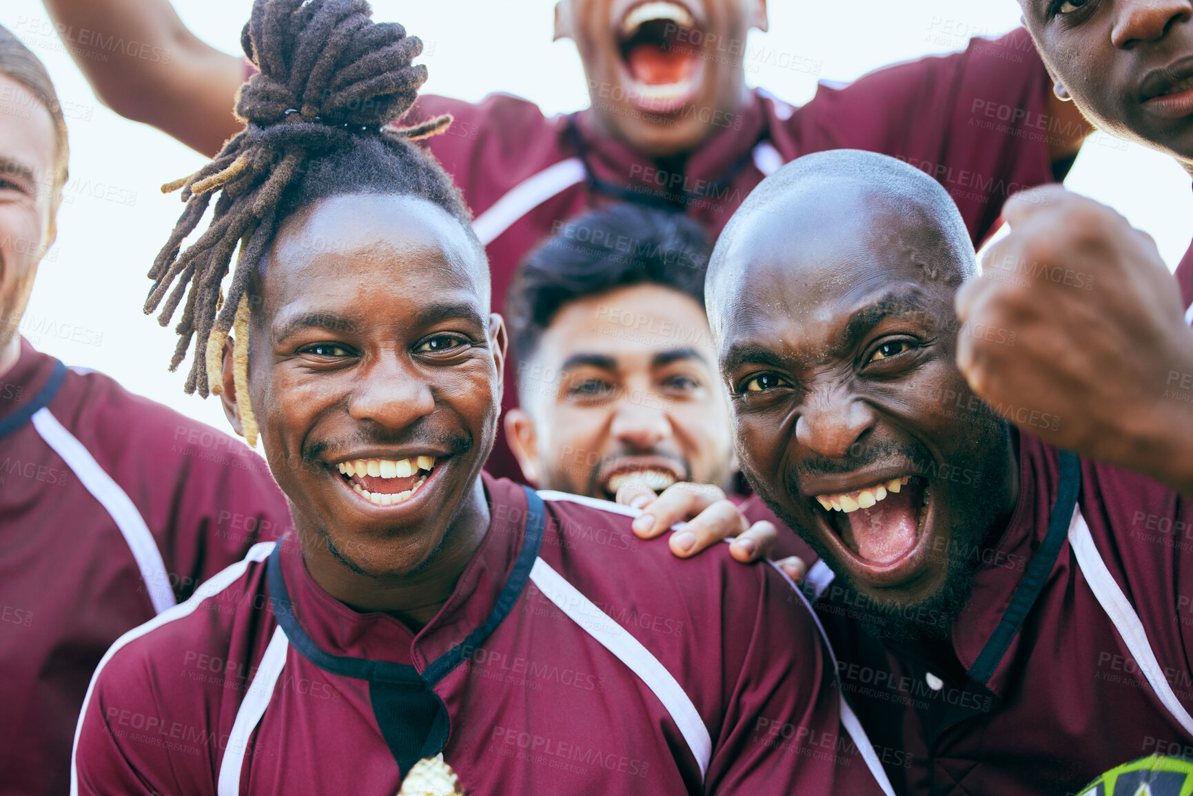 Buy stock photo Rugby, sports team portrait and excited group celebrate, shout and cheers for teamwork, athlete solidarity or winning competition. Energy, winner motivation or face of black men happy for success win