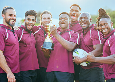 Buy stock photo Trophy, sports team portrait and celebrate rugby teamwork, achievement or winning game, match or tournament competition. Prize winner, group pride and excited people happy for success achievement