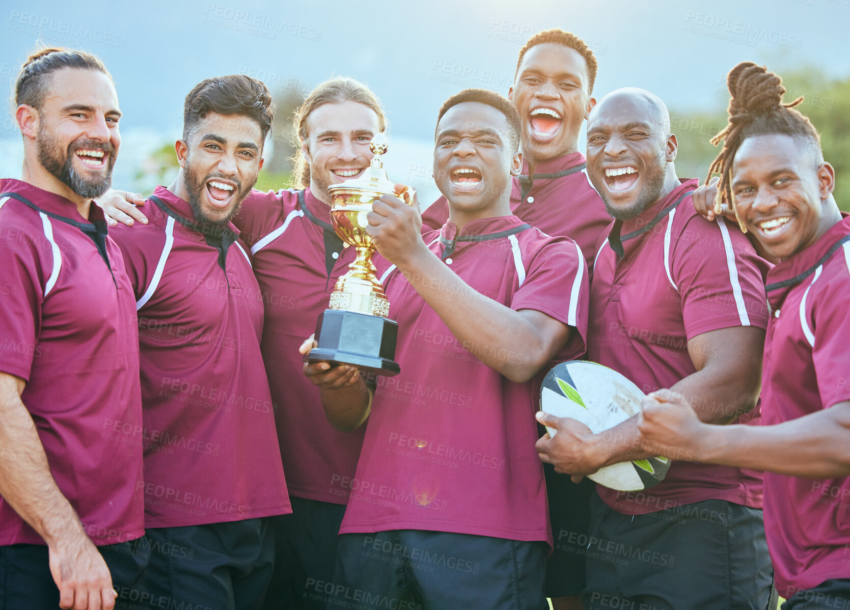 Buy stock photo Trophy, sports team portrait and celebrate rugby teamwork, achievement or winning game, match or tournament competition. Prize winner, group pride and excited people happy for success achievement